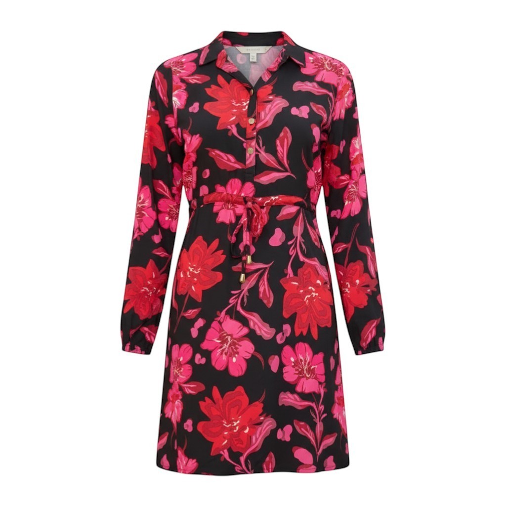 The Strawberry Shop La Mer Luxe Lily dress, black rayon with pink and red floral print, 3/4 sleeves, gold button front, and tie waist.