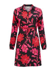 The Strawberry Shop La Mer Luxe Lily dress, black rayon with pink and red floral print, 3/4 sleeves, gold button front, and tie waist.