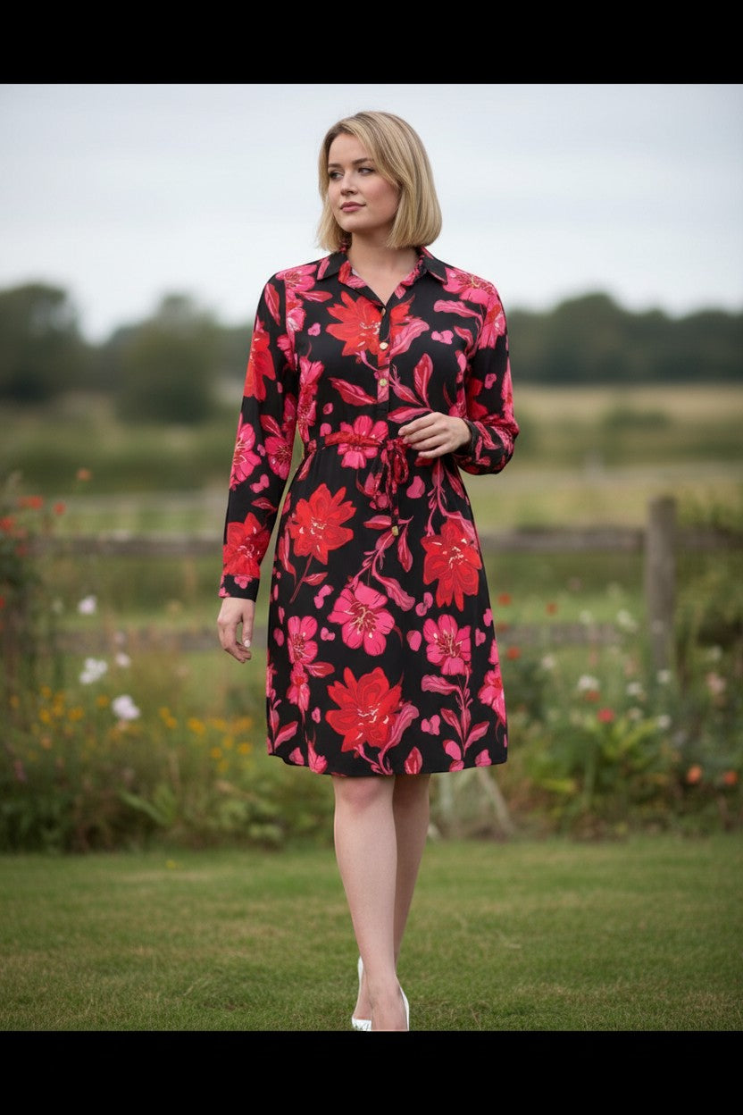 The Strawberry Shop La Mer Luxe Lily dress, black with pink and red floral print, 3/4 sleeves, collared, gold button front, tie waist. 100% Rayon.