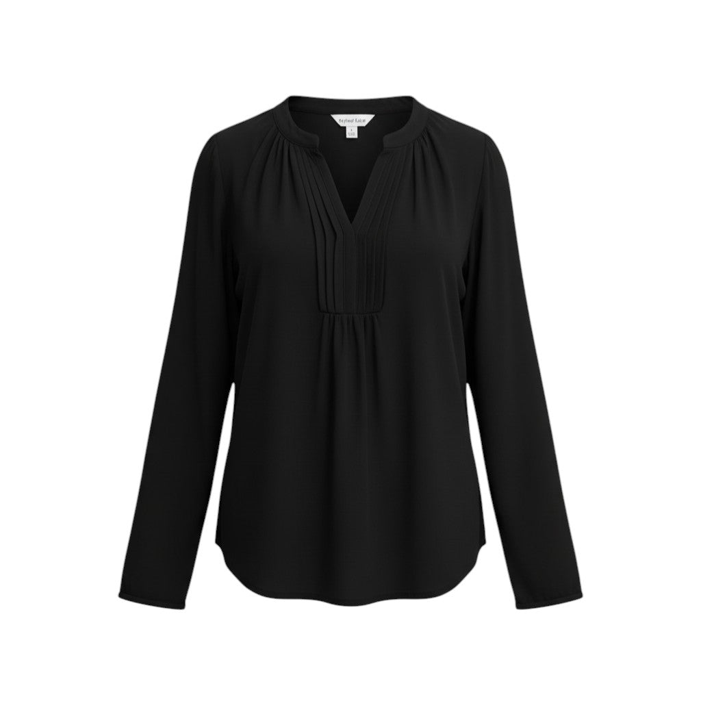 The Strawberry Shop black 100% rayon long sleeve v-neck banded cuff top with pintuck detail.