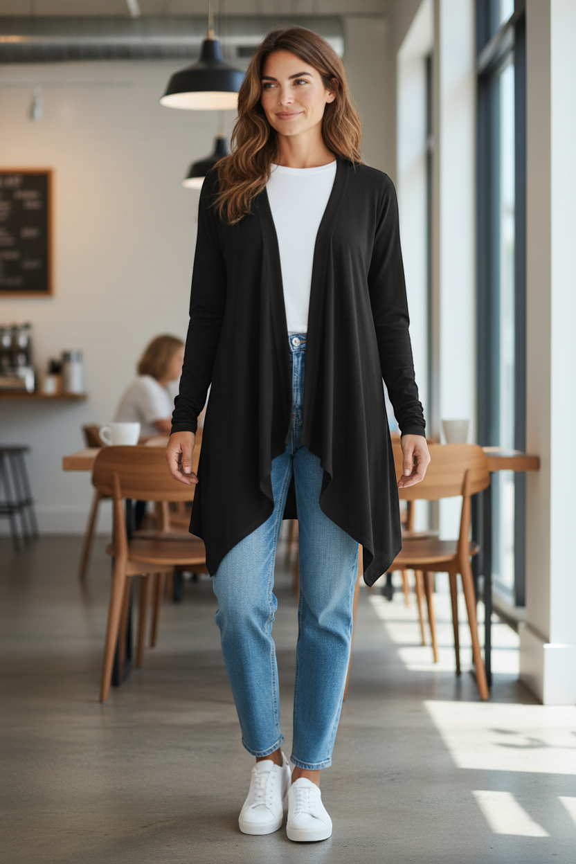 The Strawberry Shop black viscose-spandex blend open front long sleeve cardigan with a high-low tapered hem.