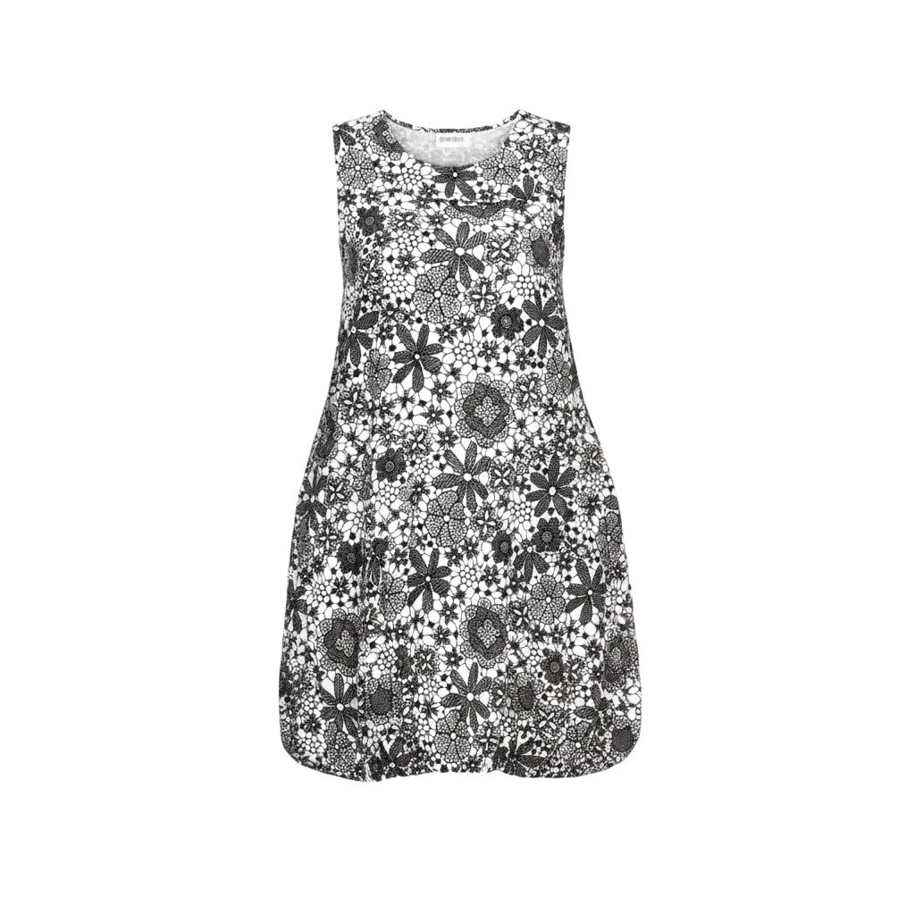 The Strawberry Shop sleeveless black and white floral print rayon-blend dress with pockets and elastic hem.