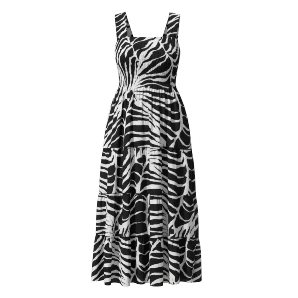 The Strawberry Shop black and white zebra print sleeveless rayon midi dress with tiered skirt.