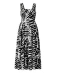 The Strawberry Shop black and white zebra print sleeveless rayon midi dress with tiered skirt.