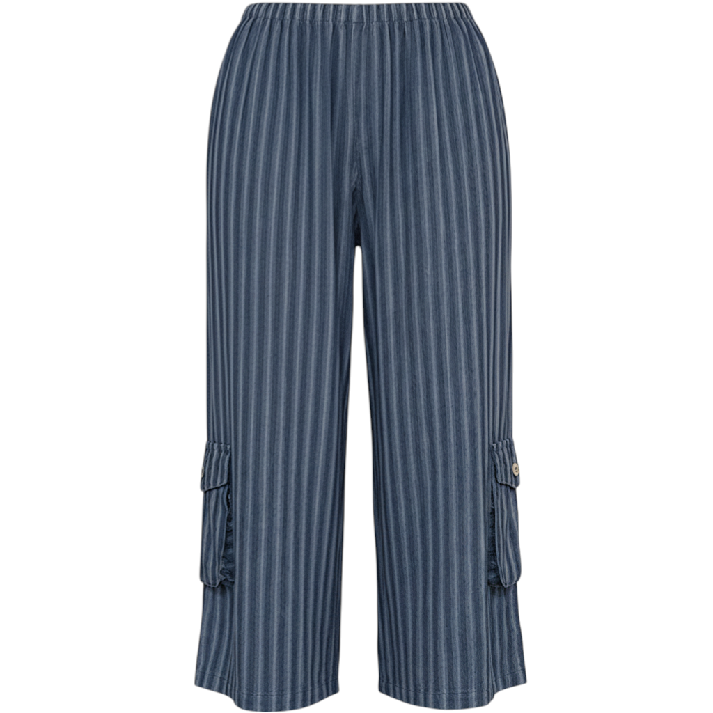 The Strawberry Shop Citron Bleu navy pinstripe cropped pants with elastic waist and side pockets.