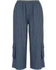 The Strawberry Shop Citron Bleu navy pinstripe cropped pants with elastic waist and side pockets.