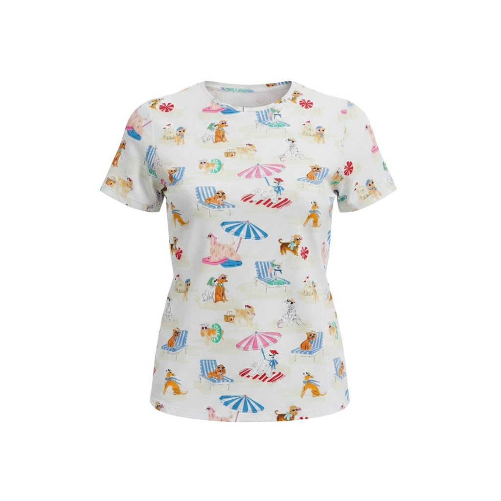 The Strawberry Shop FOIL white 100% cotton t-shirt with a playful beach dog print, short sleeves, and round neckline.