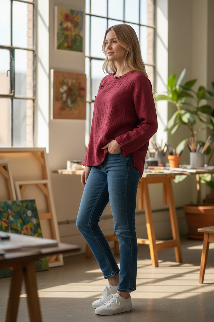The Strawberry Shop Kleen Cotton Rosy Red Frog Button Top with textured fabric and mandarin collar.