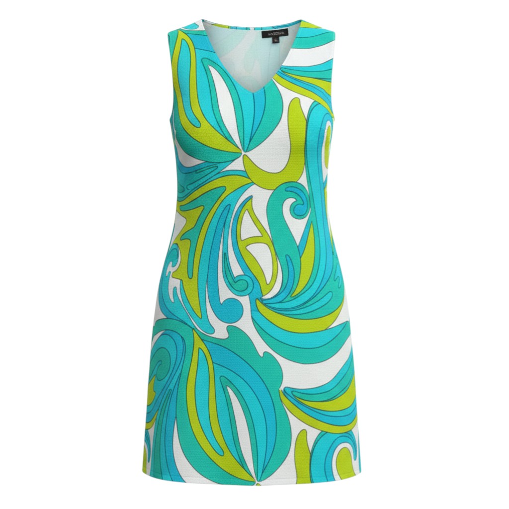 The Strawberry Shop La Mer Luxe Crane Dress in aquamarine Lisbon print, 90% polyester, 10% spandex, machine washable.
