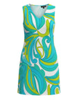 The Strawberry Shop La Mer Luxe Crane Dress in aquamarine Lisbon print, 90% polyester, 10% spandex, machine washable.