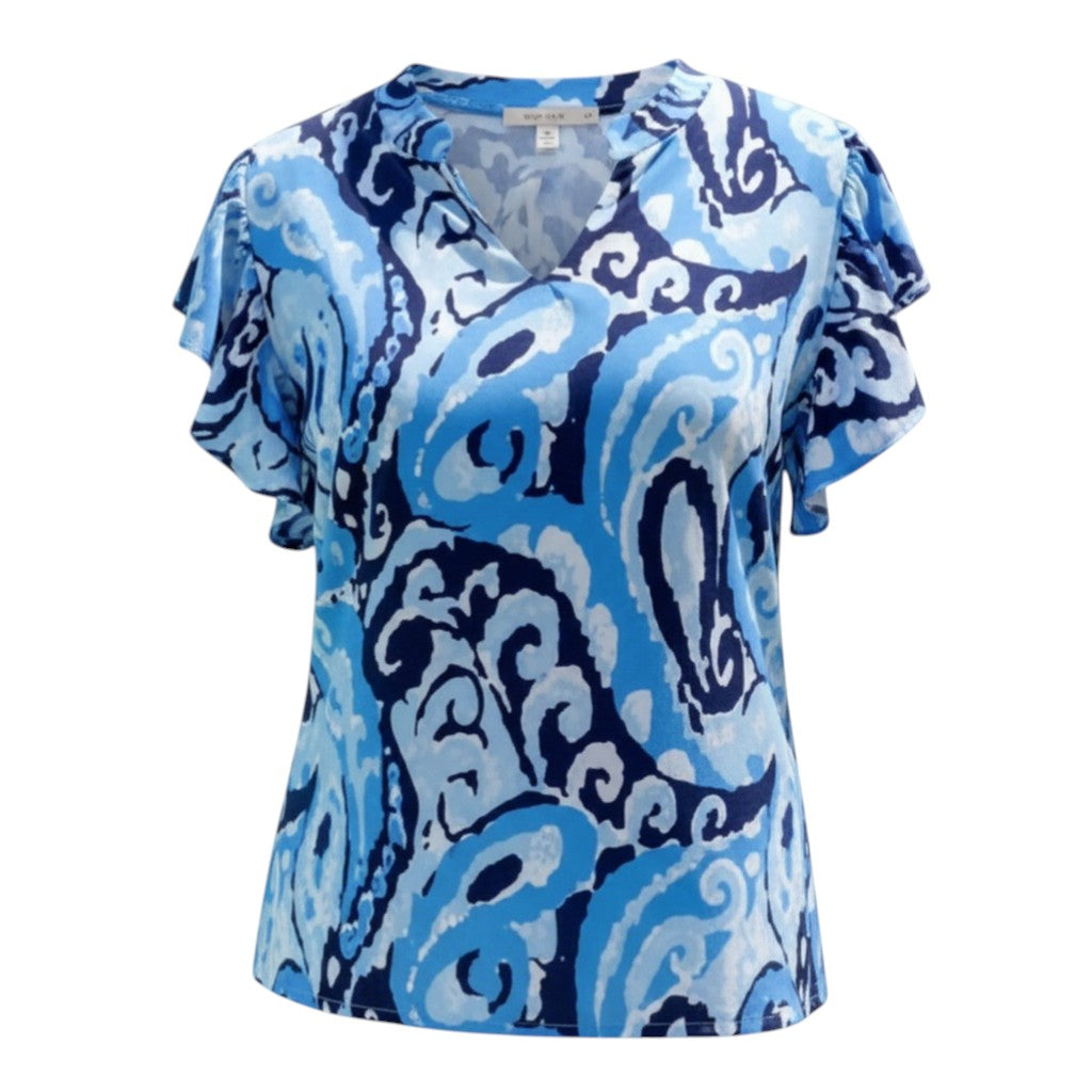 The Strawberry Shop La Mer Luxe Felicity top in icy blue Mali print. Short sleeve rayon knit with a V-neck and ruffled sleeves.