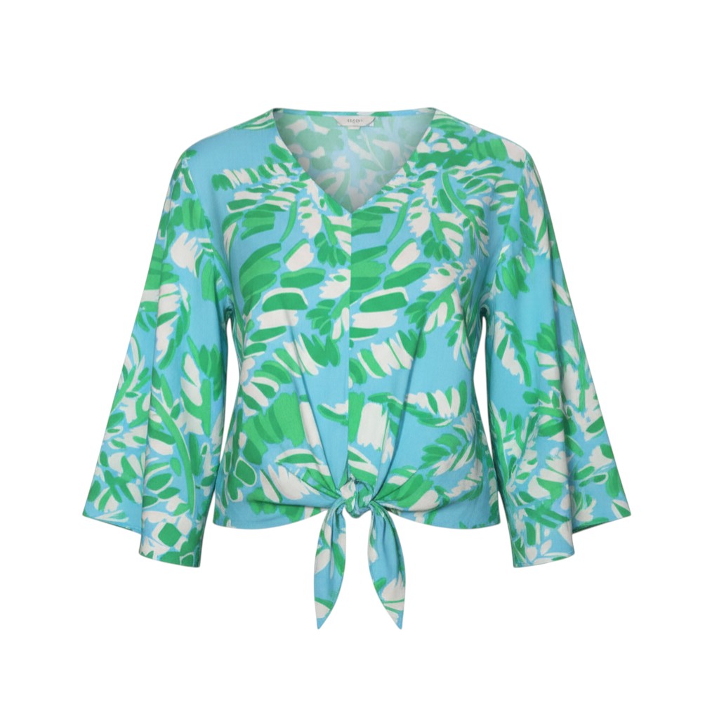 The Strawberry Shop La Mer Luxe Hope Top in Sky Jungle, a 100% rayon V-neck with 3/4 sleeves and a front tie.