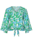 The Strawberry Shop La Mer Luxe Hope Top in Sky Jungle, a 100% rayon V-neck with 3/4 sleeves and a front tie.