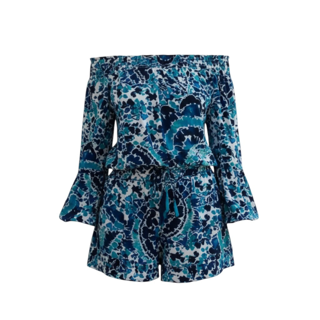 The Strawberry Shop La Mer Luxe Jayda romper, off-the-shoulder, 3/4 bell sleeves, elastic waist, blue paisley print, polyester-spandex blend.