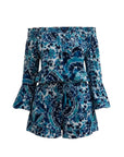 The Strawberry Shop La Mer Luxe Jayda romper, off-the-shoulder, 3/4 bell sleeves, elastic waist, blue paisley print, polyester-spandex blend.