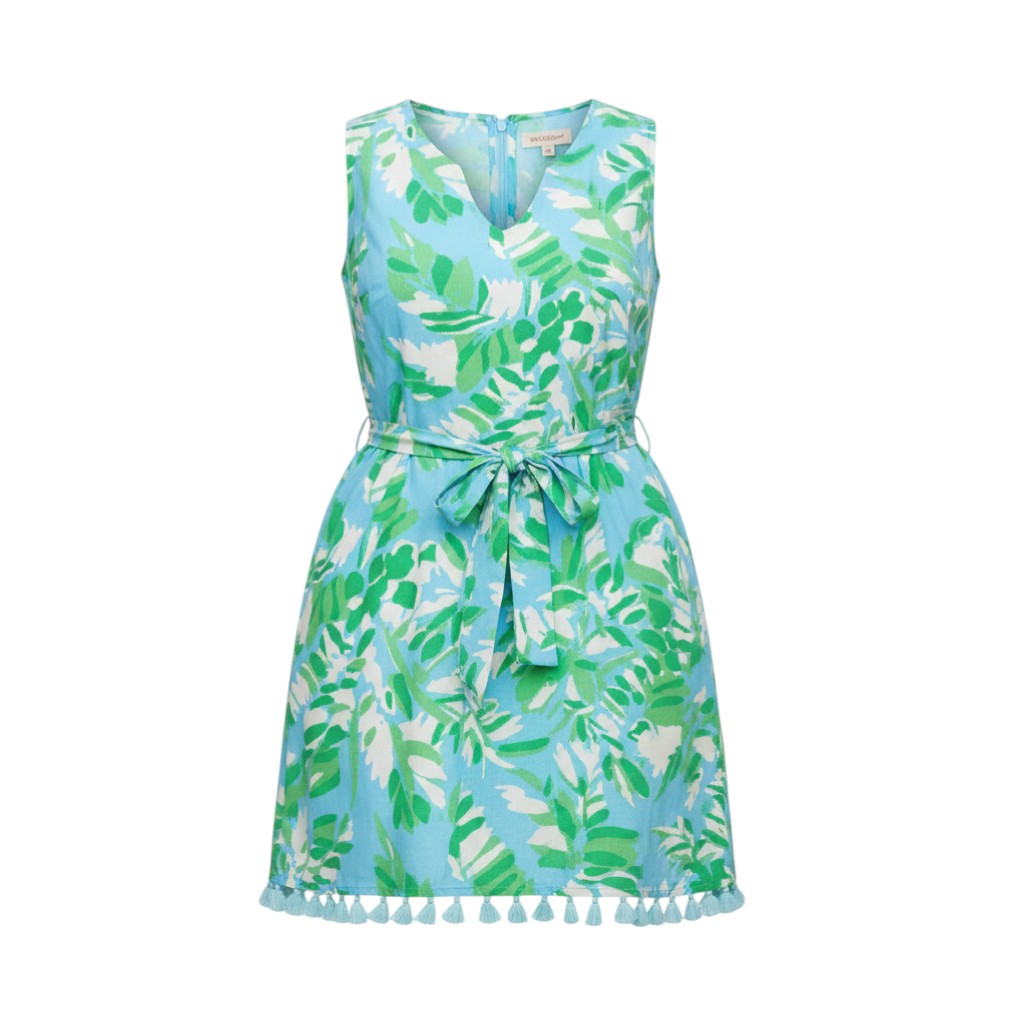 The Strawberry Shop La Mer Luxe Rhett dress in Sky Jungle print. Sleeveless V-neck rayon dress with tie waist and tassel hem.