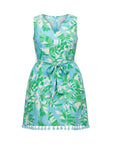 The Strawberry Shop La Mer Luxe Rhett dress in Sky Jungle print. Sleeveless V-neck rayon dress with tie waist and tassel hem.