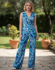 The Strawberry Shop La Mer Luxe Winifred jumpsuit in multi blue Monaco. Sleeveless V-neck knit jumpsuit with bold print and wide legs.
