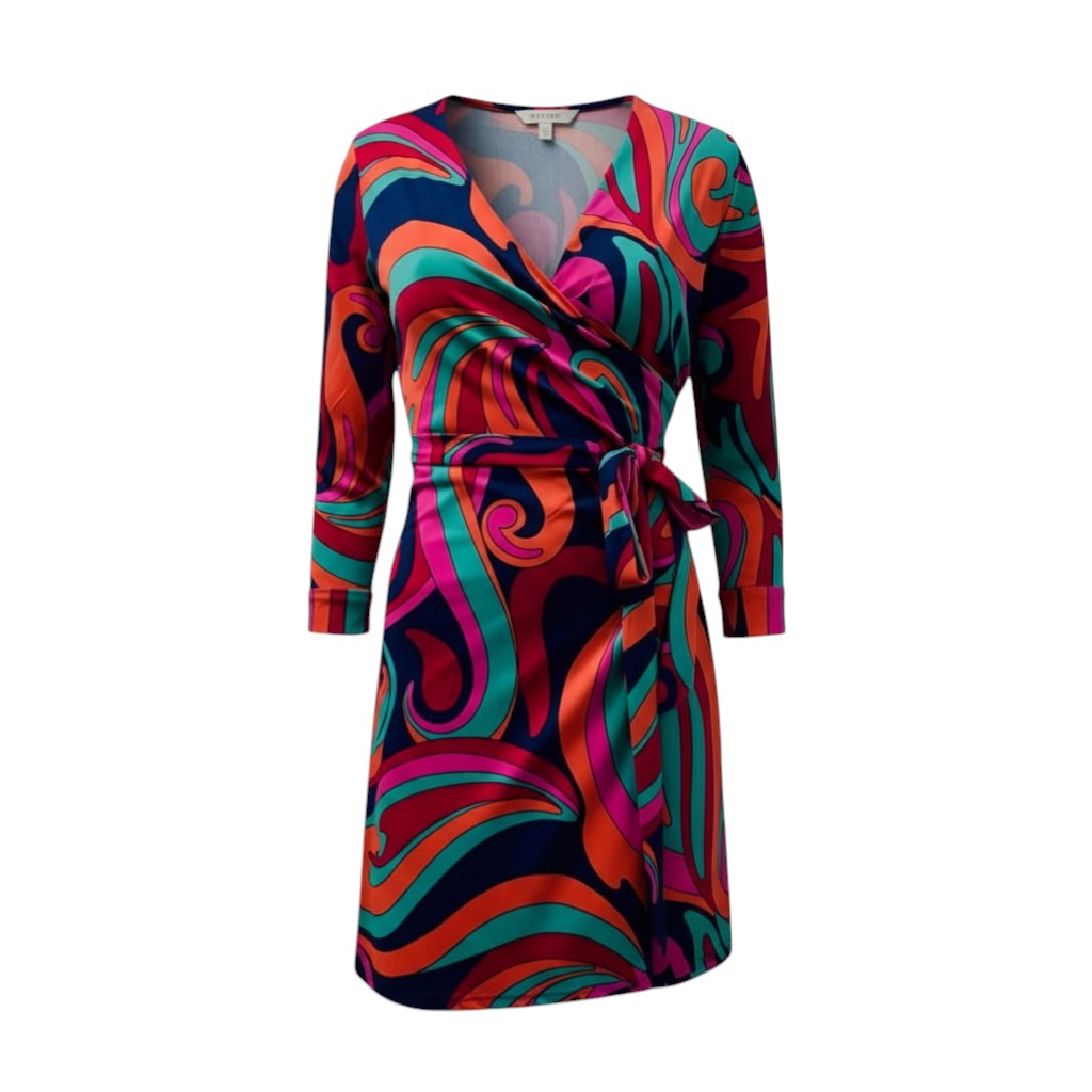 The Strawberry Shop La Mer Luxe wrap dress with 3/4 sleeves, V-neck, and tie waist in a navy, aquamarine, pink, and orange swirl print. Made of polyester and spandex.