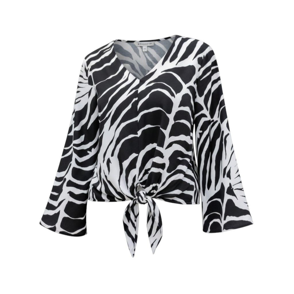 The Strawberry Shop La Mer Luxe black and white zebra print rayon tie-front top with 3/4 sleeves.