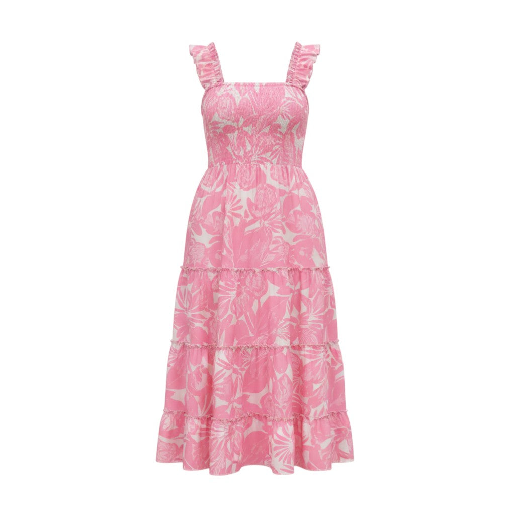 The Strawberry Shop light pink sleeveless midi dress with white floral print and tiered skirt. 90% Polyester, 10% Spandex.