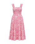 The Strawberry Shop light pink sleeveless midi dress with white floral print and tiered skirt. 90% Polyester, 10% Spandex.