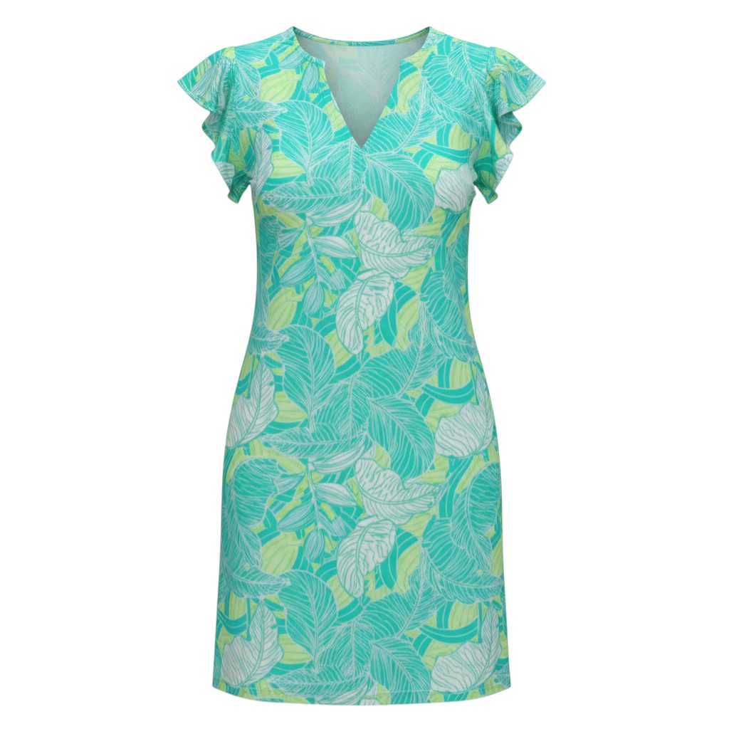 The Strawberry Shop La Mer Luxe Blakely dress in mint leaves print, featuring flutter sleeves and a V-neck. 90% Polyester, 10% Spandex.