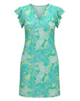 The Strawberry Shop La Mer Luxe Blakely dress in mint leaves print, featuring flutter sleeves and a V-neck. 90% Polyester, 10% Spandex.