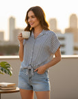 The Strawberry Shop navy and white striped cotton collared short sleeve top with front tie detail.