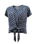 The Strawberry Shop navy abstract shell print short sleeve knit top with v-neck and front tie detail. 90% Polyester, 10% Spandex.