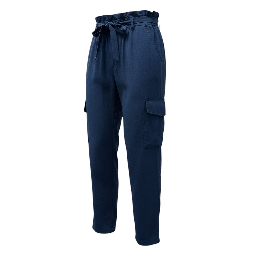 The Strawberry Shop navy rayon cargo pants with side tie detail and ruffled waist.