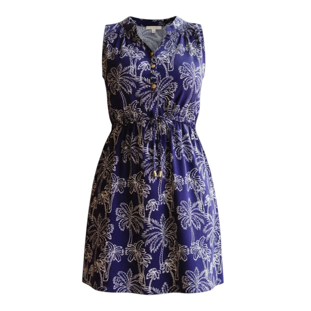 The Strawberry Shop navy rayon Lilly Dress with white palm print, V-neck, drawstring waist, and gold button details.