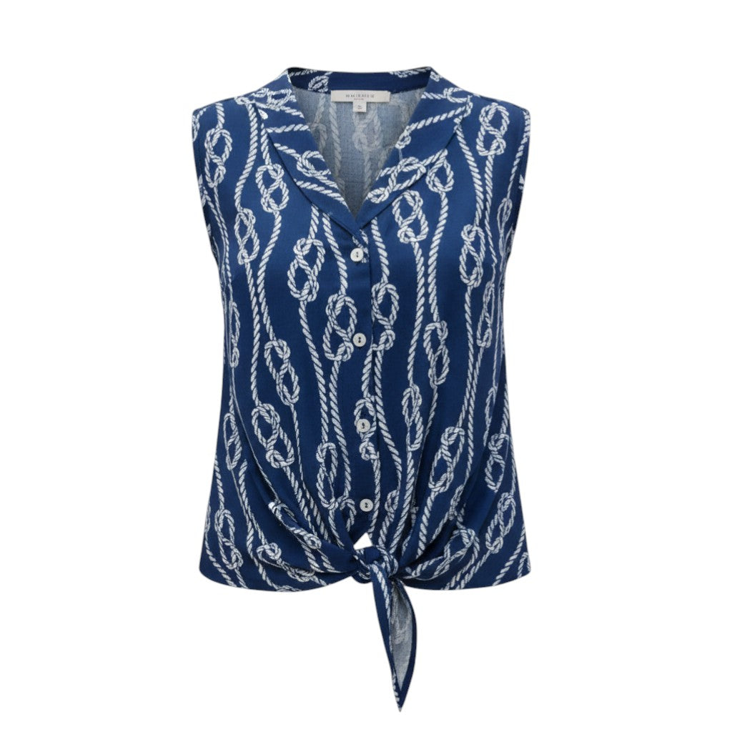 The Strawberry Shop La Mer Luxe sleeveless navy blue rayon top with white rope print and front tie detail.