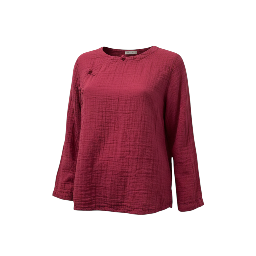 The Strawberry Shop rosy red 100% cotton long-sleeve top with frog button detail and textured fabric.