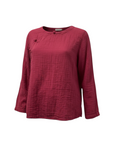 The Strawberry Shop rosy red 100% cotton long-sleeve top with frog button detail and textured fabric.