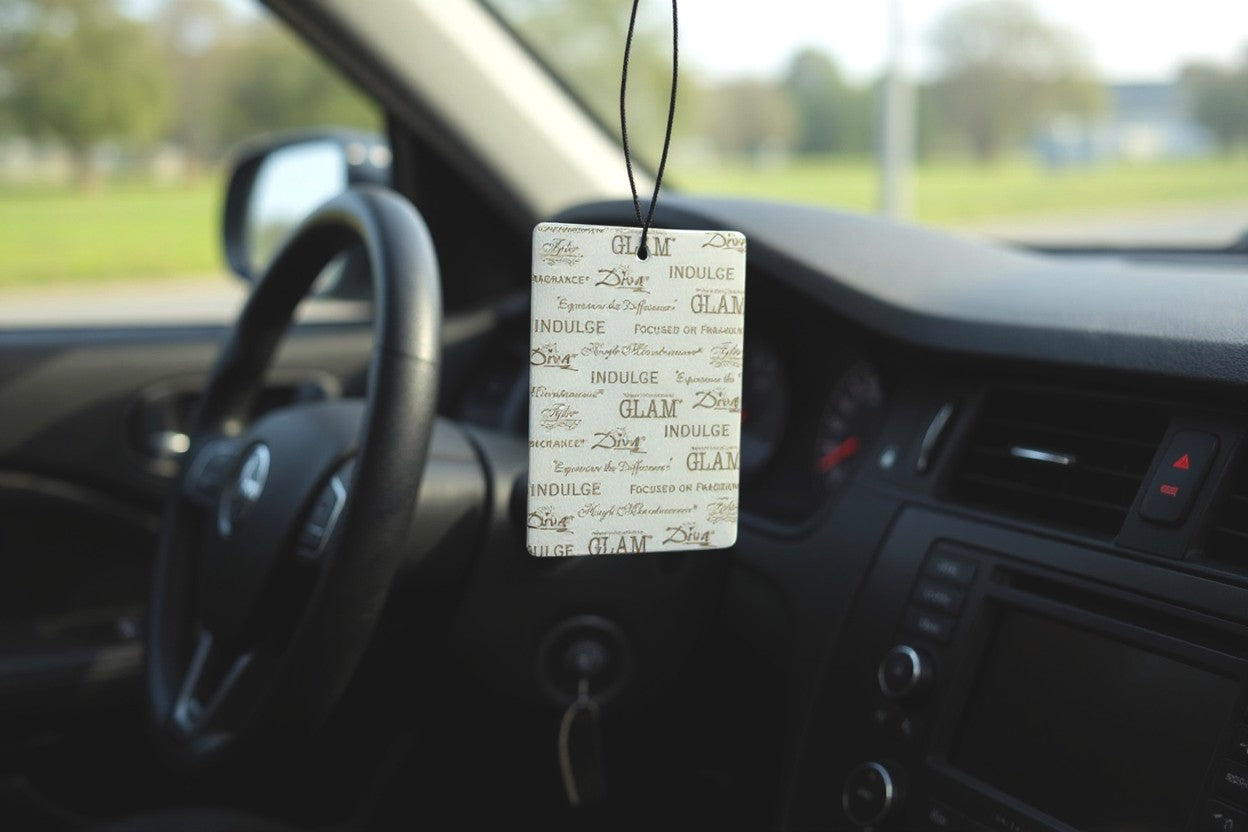 The Strawberry Shop Tyler Candle High Maintenance car air freshener, floral and woody scent with vanilla and musk.