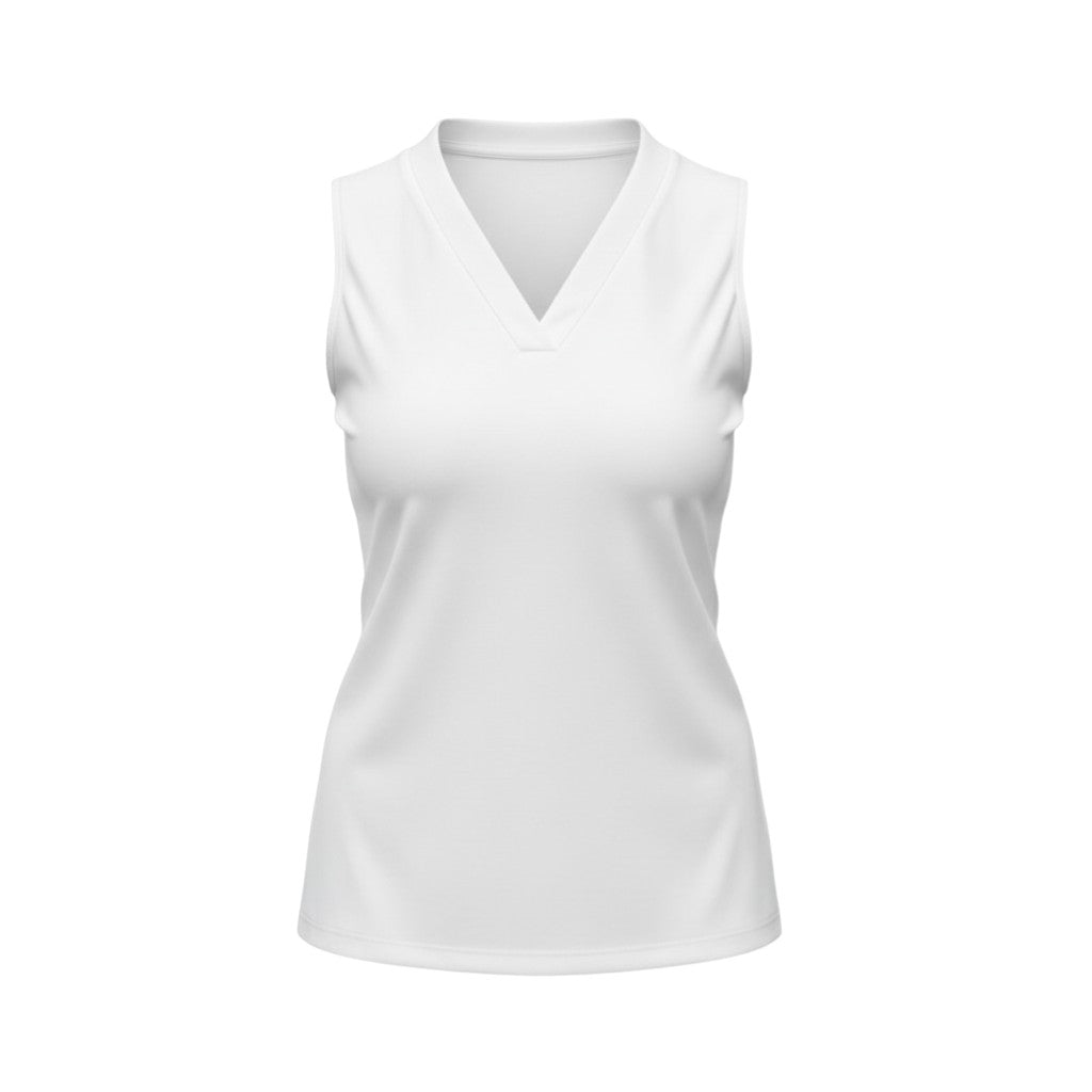 The Strawberry Shop white knit sleeveless Augusta top with a V-neck and subtle ruffle detail, made of polyester and spandex.