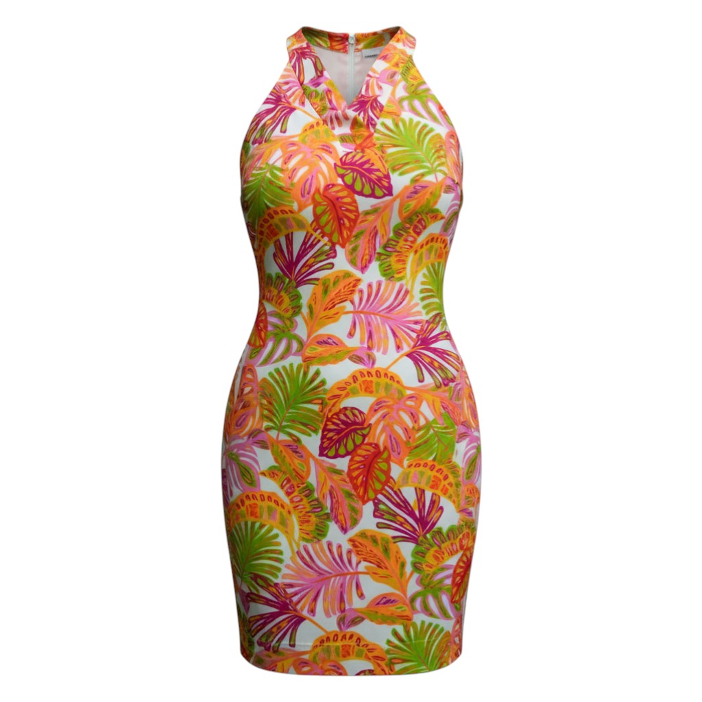 The Strawberry Shop white knit Augusta dress with a bold tropical print, ruffled V-neck, and sleeveless design. Made of polyester and spandex.