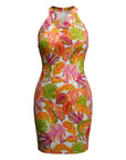 The Strawberry Shop white knit Augusta dress with a bold tropical print, ruffled V-neck, and sleeveless design. Made of polyester and spandex.