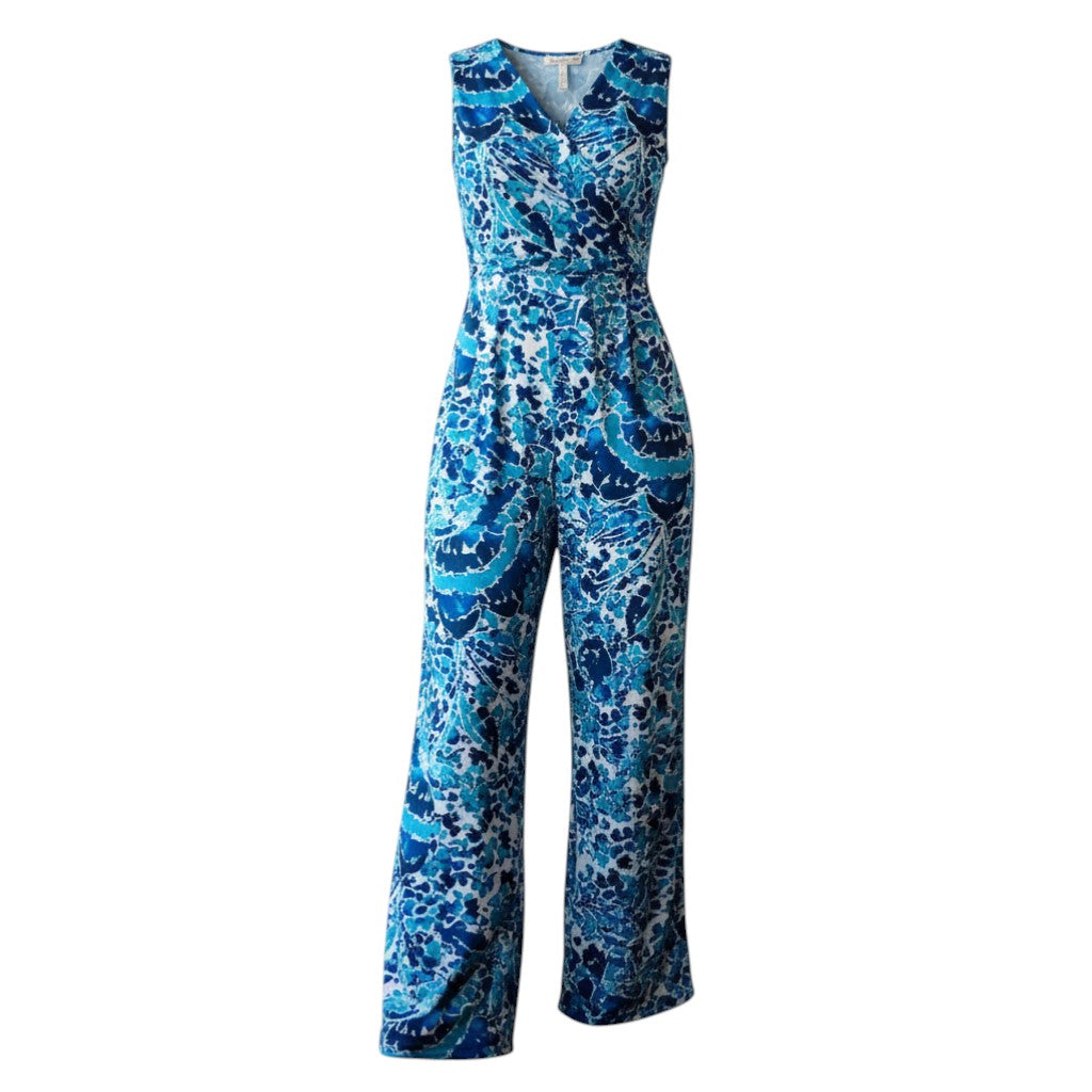 The Strawberry Shop La Mer Luxe Winifred jumpsuit in multi blue Monaco print. Sleeveless, V-neck, polyester-spandex blend.