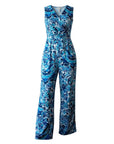 The Strawberry Shop La Mer Luxe Winifred jumpsuit in multi blue Monaco print. Sleeveless, V-neck, polyester-spandex blend.
