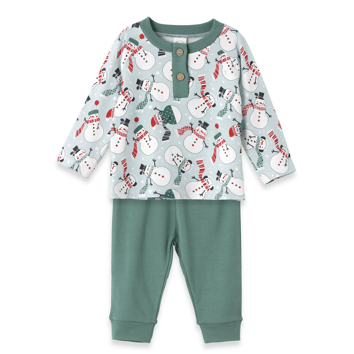 Christmas Snowmen Baby Boy's Bamboo Henley Top &amp; Pants