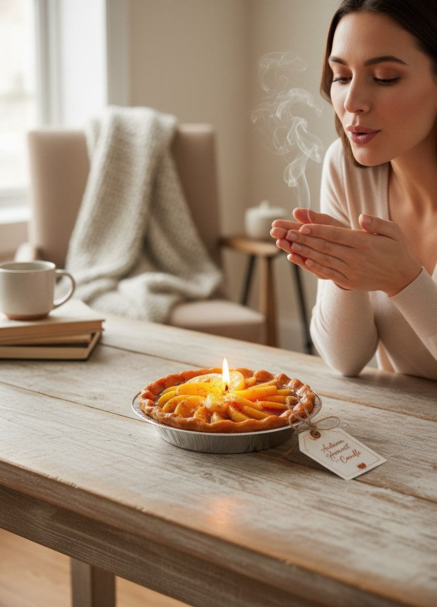 The Strawberry Shop apple pie candle with realistic sliced apples and cinnamon topping in a foil pie tin.