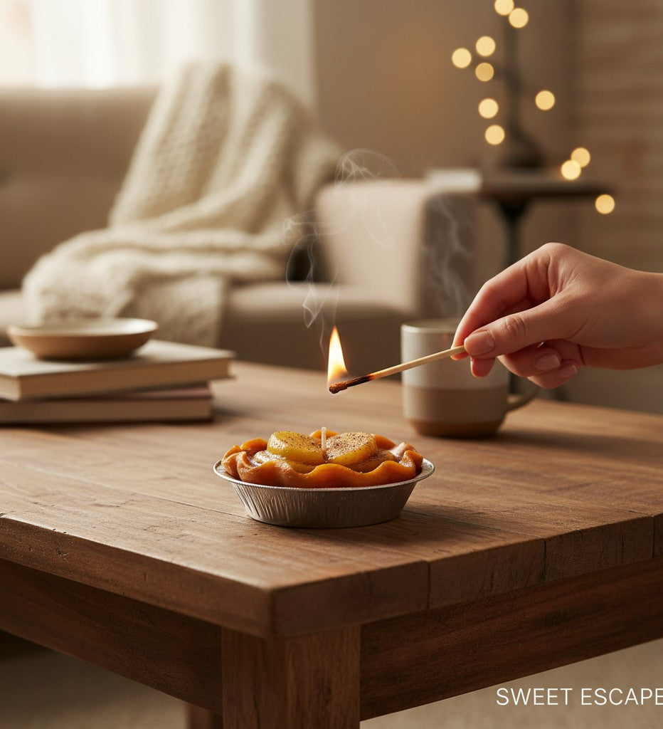 The Strawberry Shop apple tart candle with cinnamon dusting and a pie crust.