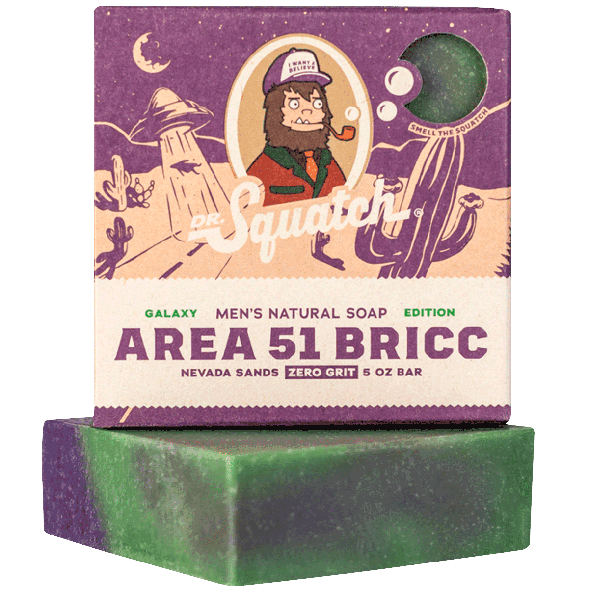 The Strawberry Shop Dr. Squatch Area 51 natural soap bar with purple and green marbled design in themed packaging.