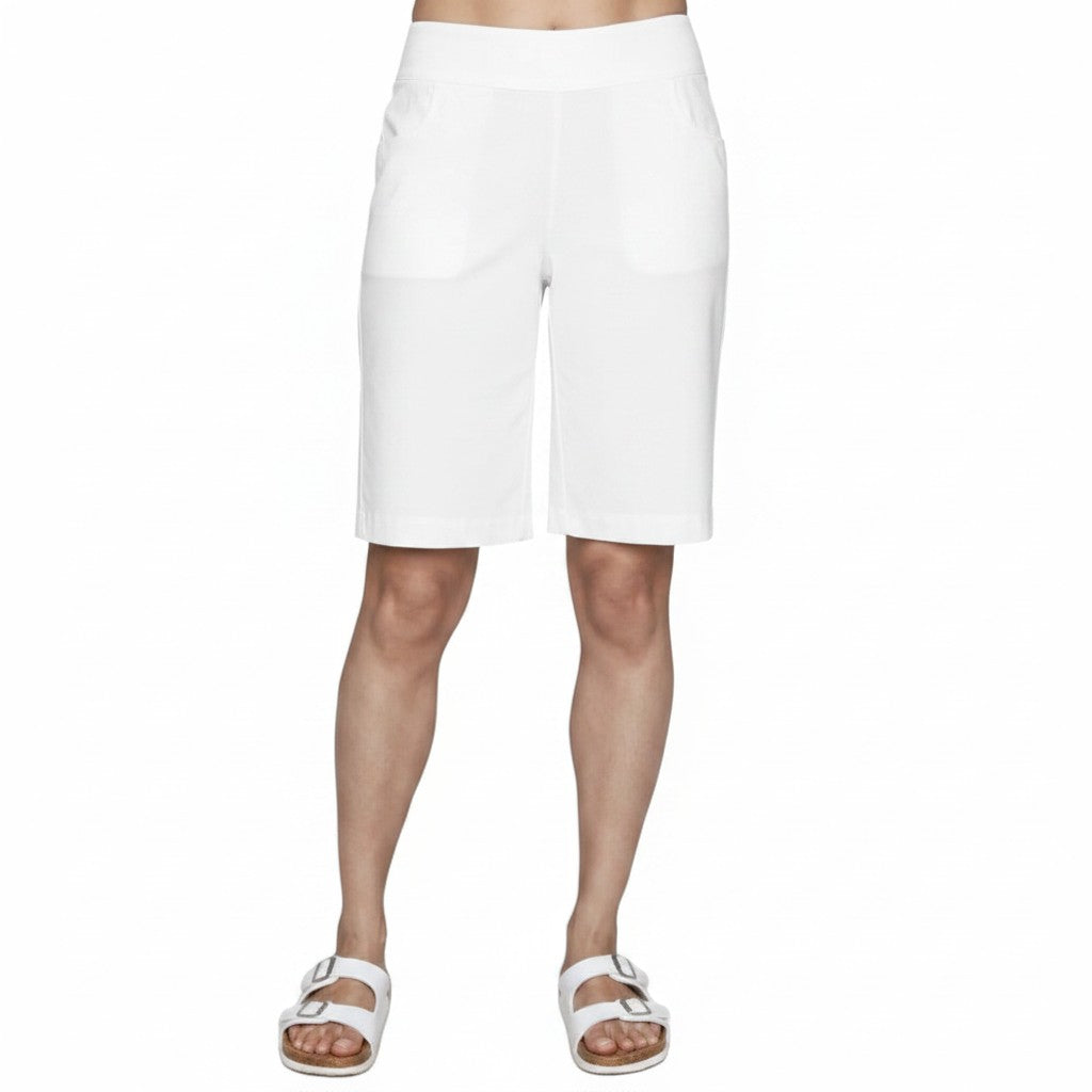 The Strawberry Shop black rayon-blend Bermuda shorts with a 10 3/4" inseam and elastic waistband.