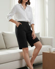 The Strawberry Shop black rayon-blend Bermuda shorts with a 10 3/4" inseam and elastic waistband.