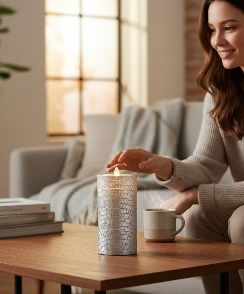 The Strawberry Shop black brick water candle with LED light on a wooden table next to a smiling woman.