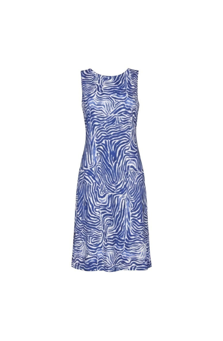 The Strawberry Shop blue and white zebra print sleeveless knee-length dress made of modal, nylon, and spandex.