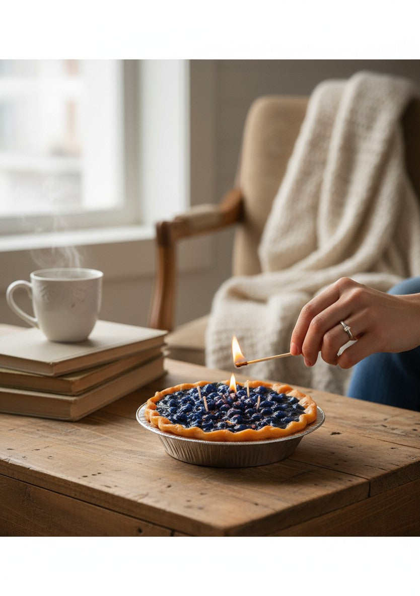 The Strawberry Shop blueberry pie candle with realistic blueberries and pie crust.